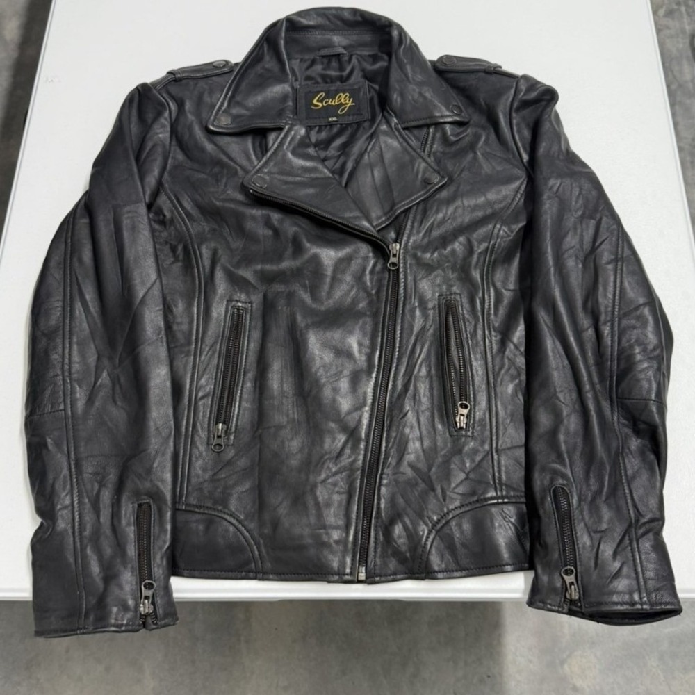 Scully womans Black Leather Biker Jacket Asymmetric‎ Zip Motorcycle Coat Medium